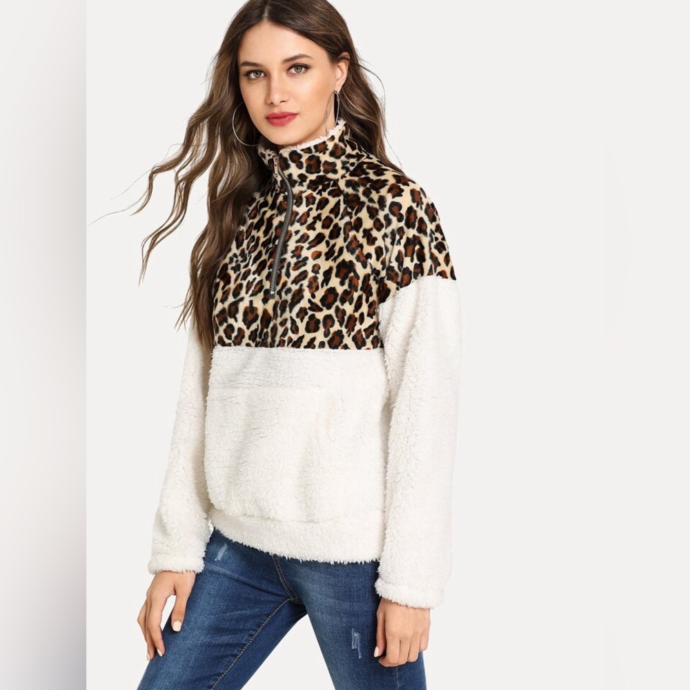Sherpa Quarter Zip Leopard Print Teddy Sweatshirt